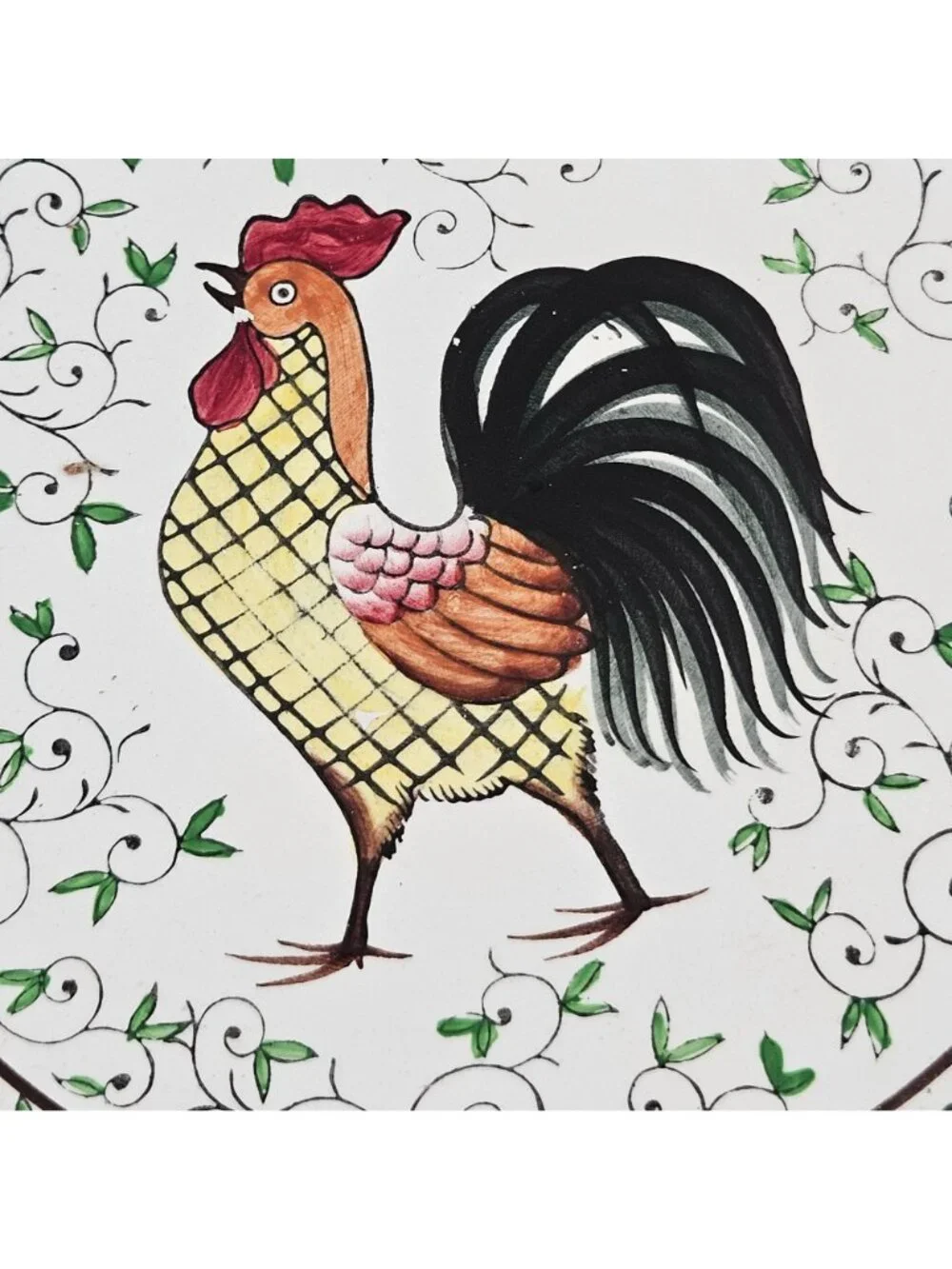 Early Provincial Dinner Plate Hand Painted Ceramic Rooster Roses UCAGCO Japan